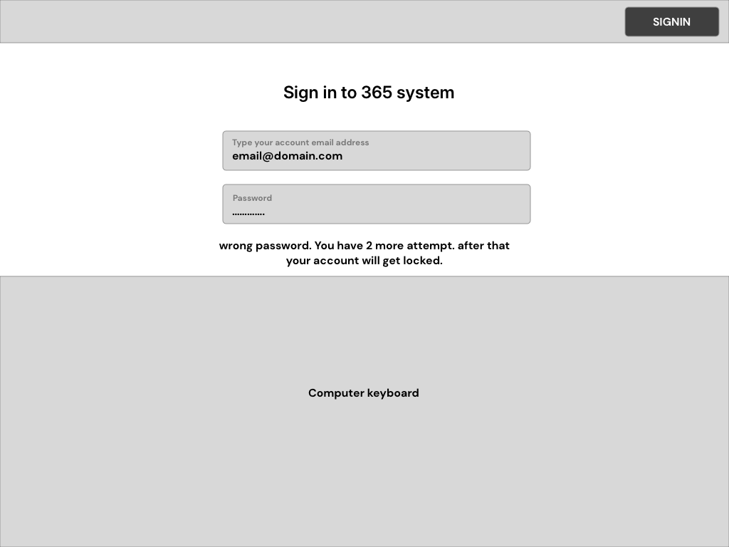 Error-state wireframe for wrong password and guided recovery flow
