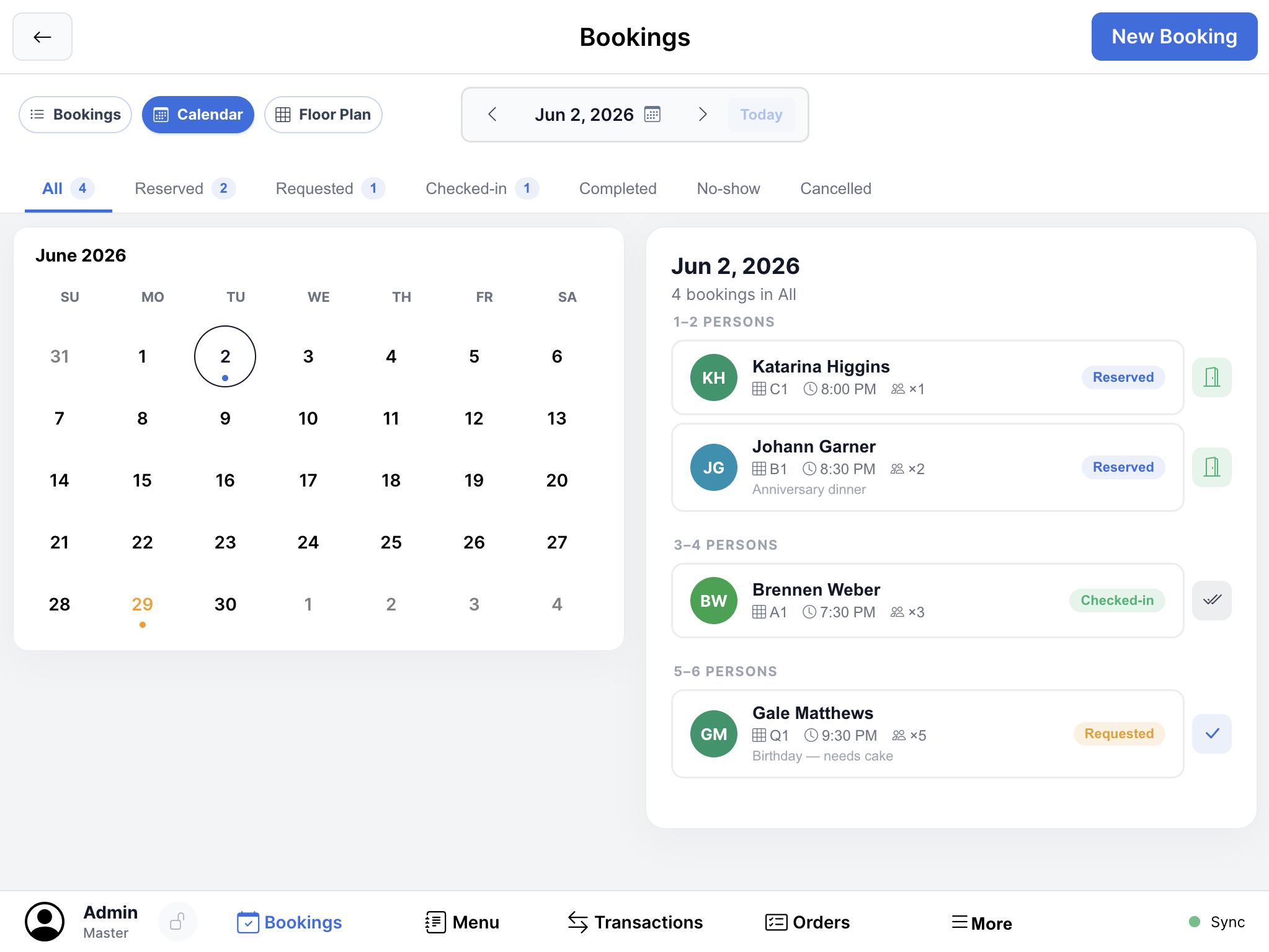 WizPos booking engine screen with calendar, reservations, guest list, and booking details