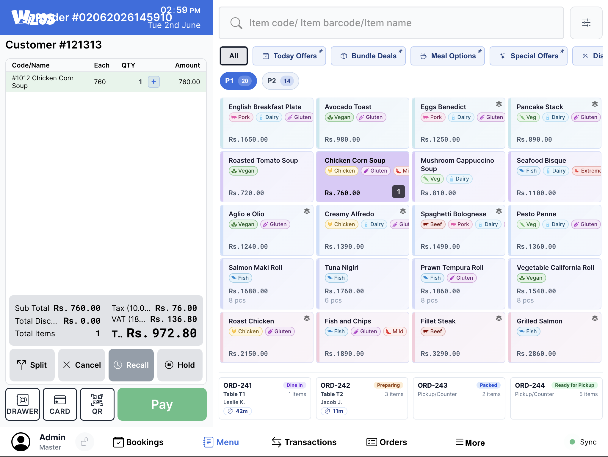 WizPos restaurant checkout screen with order items, category grid, and payment controls