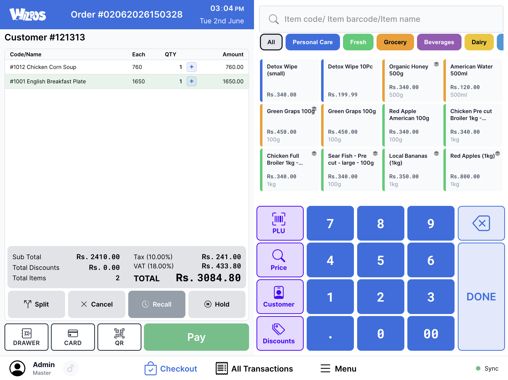 WizPos retail checkout screen with product grid, transaction panel, and numeric keypad