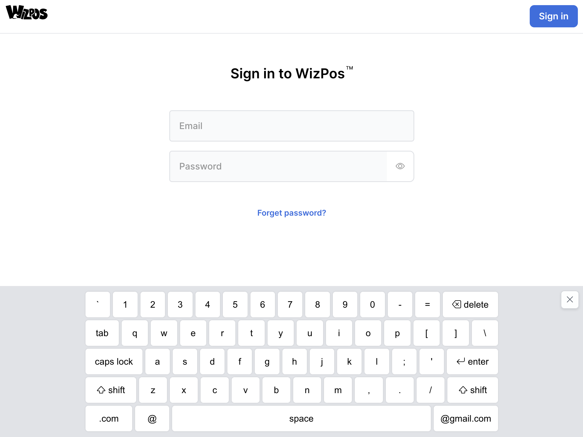 WizPos sign in screen with on-screen keyboard and operator login form